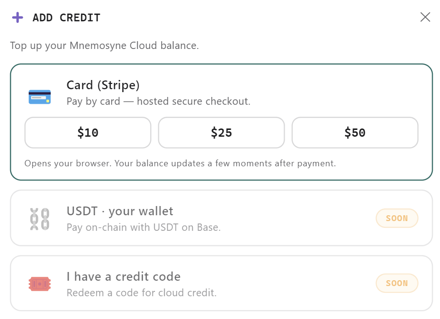 The Add credit dialog: card via Stripe, USDT and credit codes marked Soon