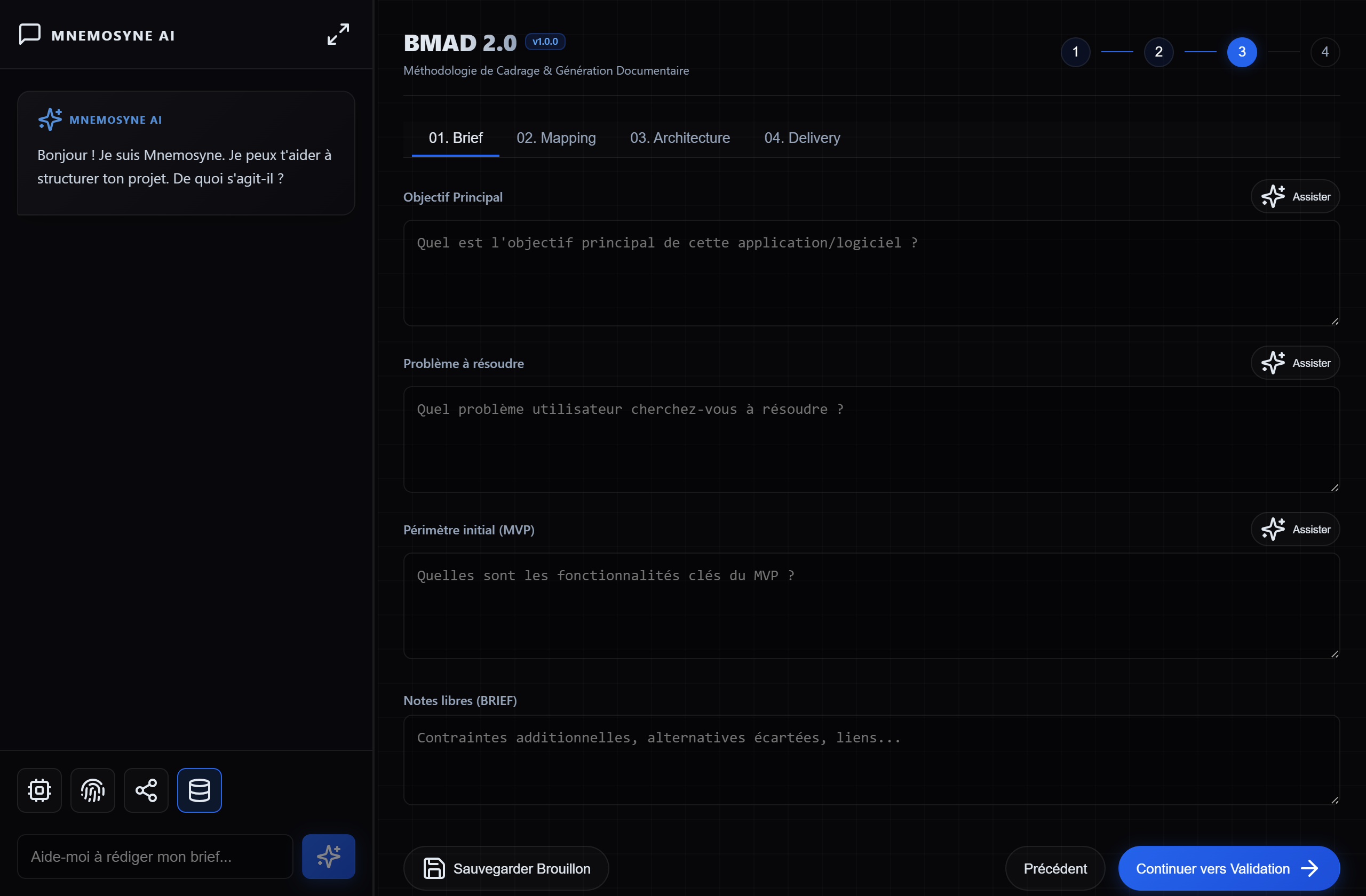 The Brief, Mapping, Architecture and Delivery editor, with assist on every field