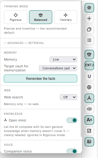 The chat options: thinking mode, memory, web, knowledge, voice