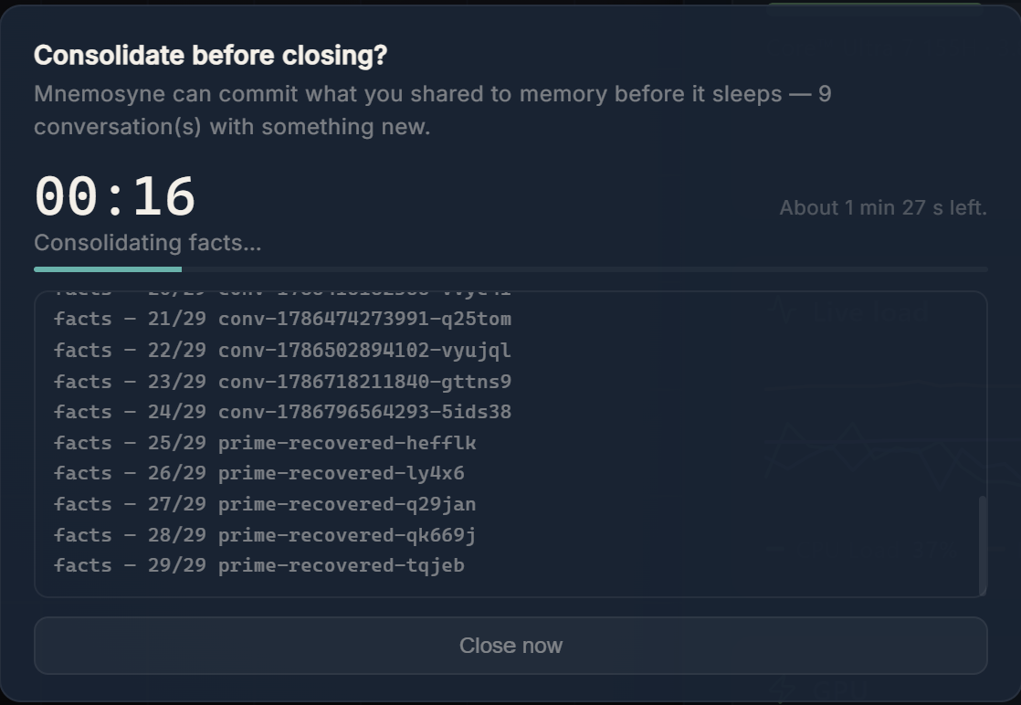 The consolidation running at close, with its live log