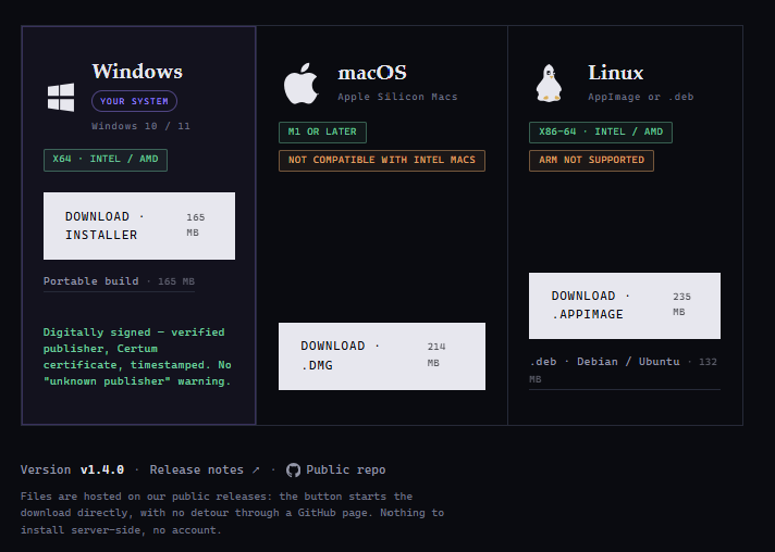 The download page at mnemosyne-os.io/download — Windows, macOS and Linux cards
