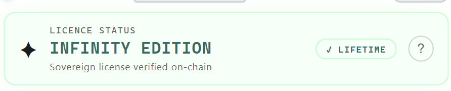 The licence status once active: Infinity Edition, lifetime, verified on-chain