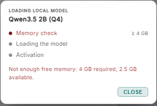 The honest refusal: 4 GB required, 2.5 GB available