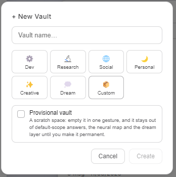 The New Vault dialog: name, type, and the provisional option