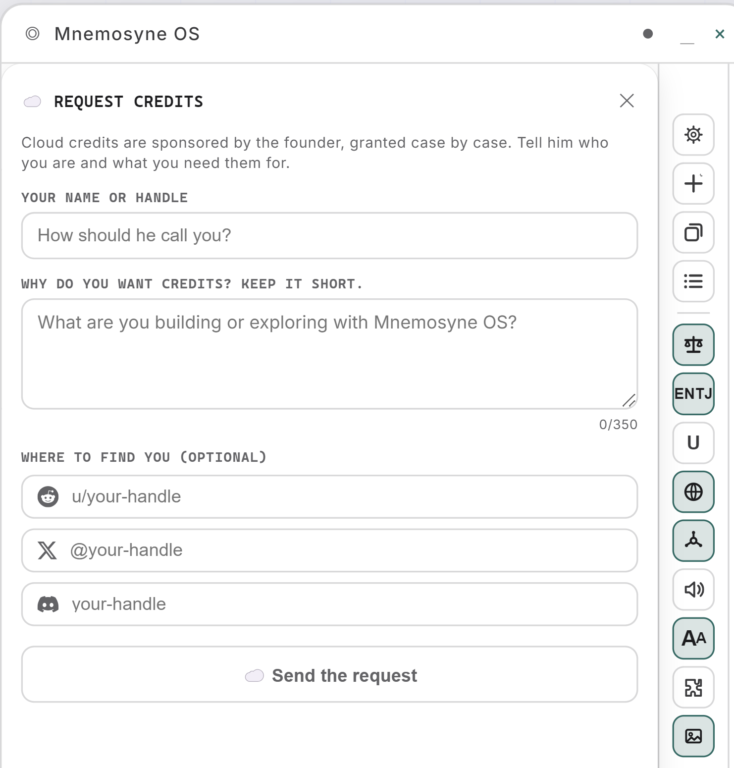 The Request Credits form