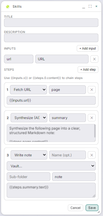 The skill composer: inputs and chained steps