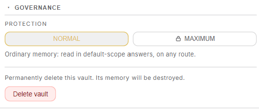 The Governance section: protection level and deletion