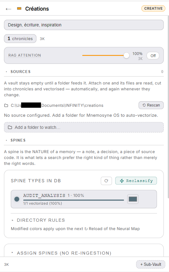 A vault's settings panel: attention, sources, spines