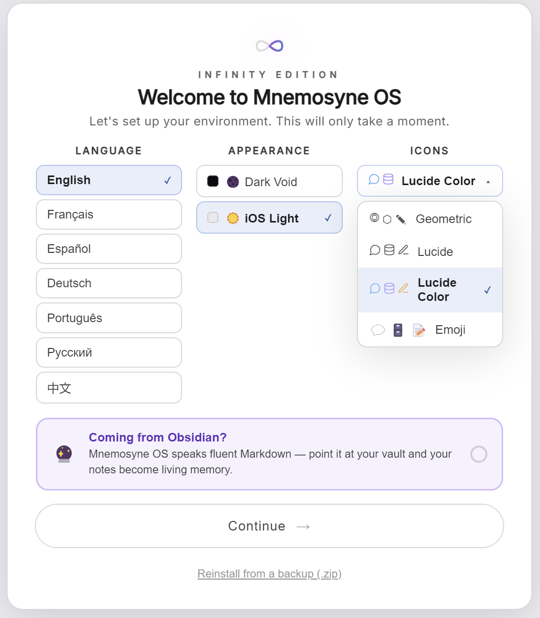 The welcome screen: language, appearance and icons