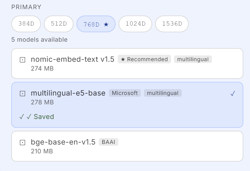 Los modelos de embedding en 768D: nomic, multilingual-e5-base, bge