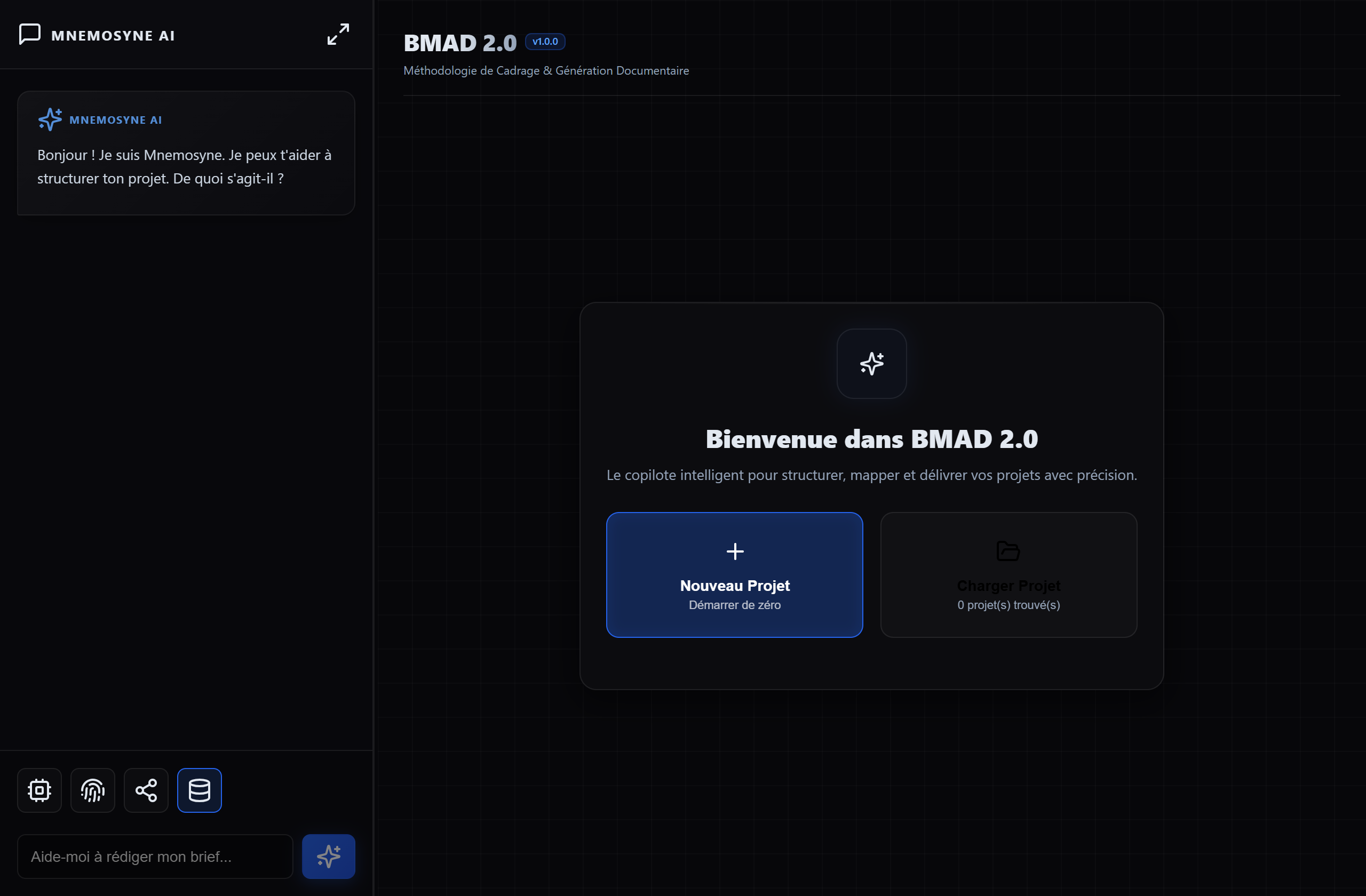 La pantalla de bienvenida de BMAD, con el copiloto Mnemosyne en la columna izquierda