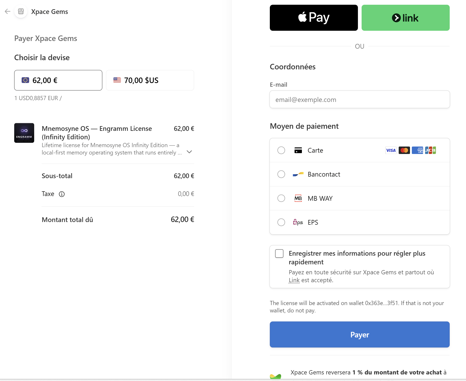 El checkout alojado para la licencia, fuera de la app