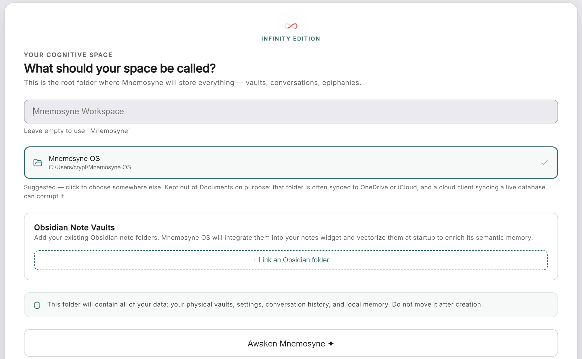 L'étape espace cognitif, avec l'import de notes Obsidian et le bouton Awaken