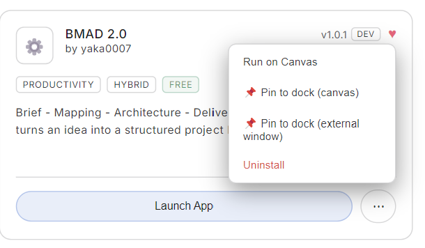 Le menu d'une carte : run on canvas, épingler au dock, désinstaller