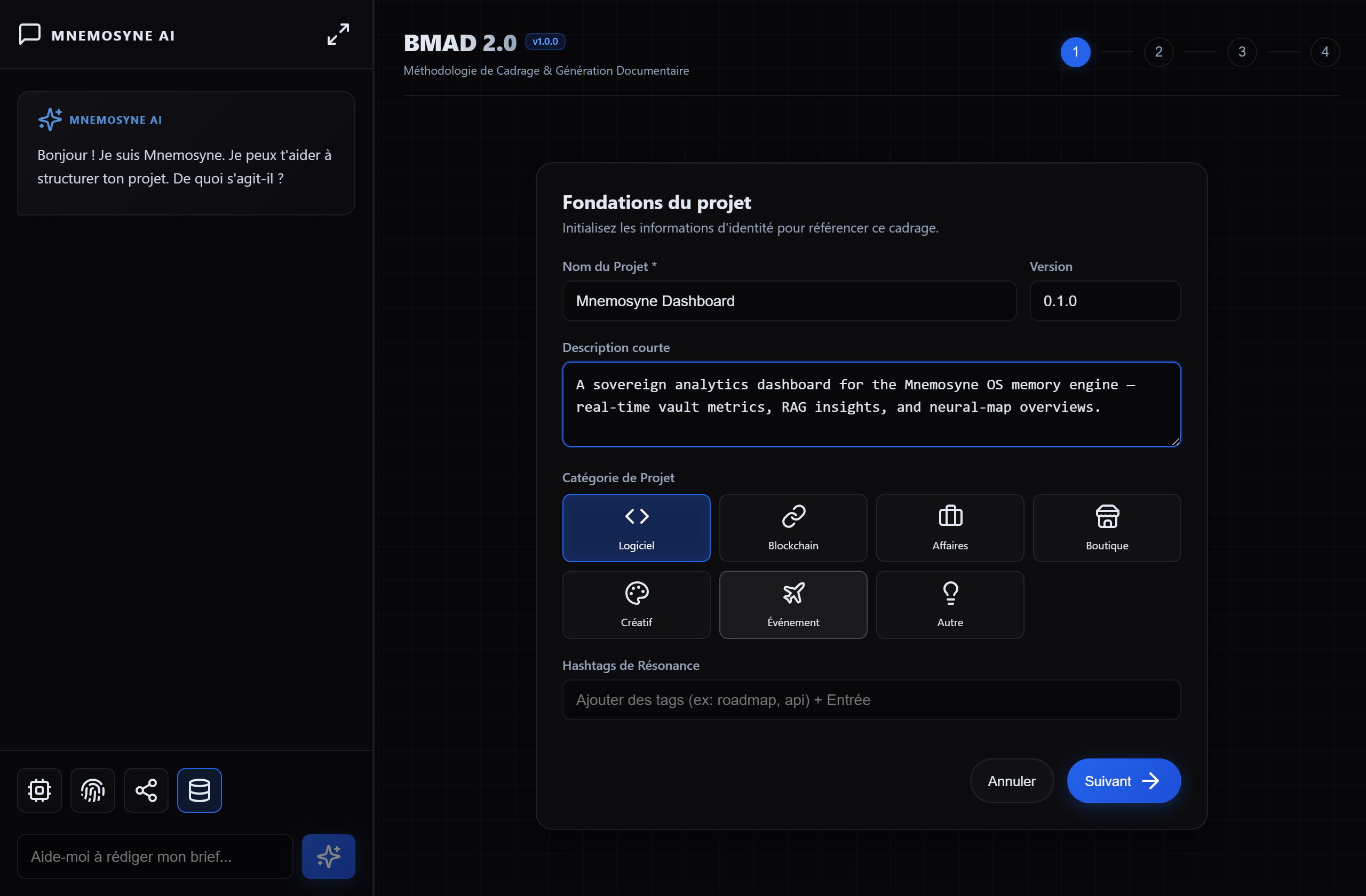 Les fondations du projet : nom, version, description, catégorie et hashtags de résonance