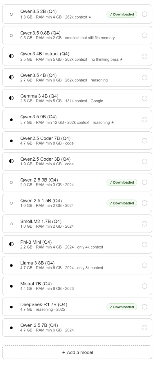 La liste des modèles locaux, de 0,5 Go à 5,7 Go, avec « Add a model » en bas