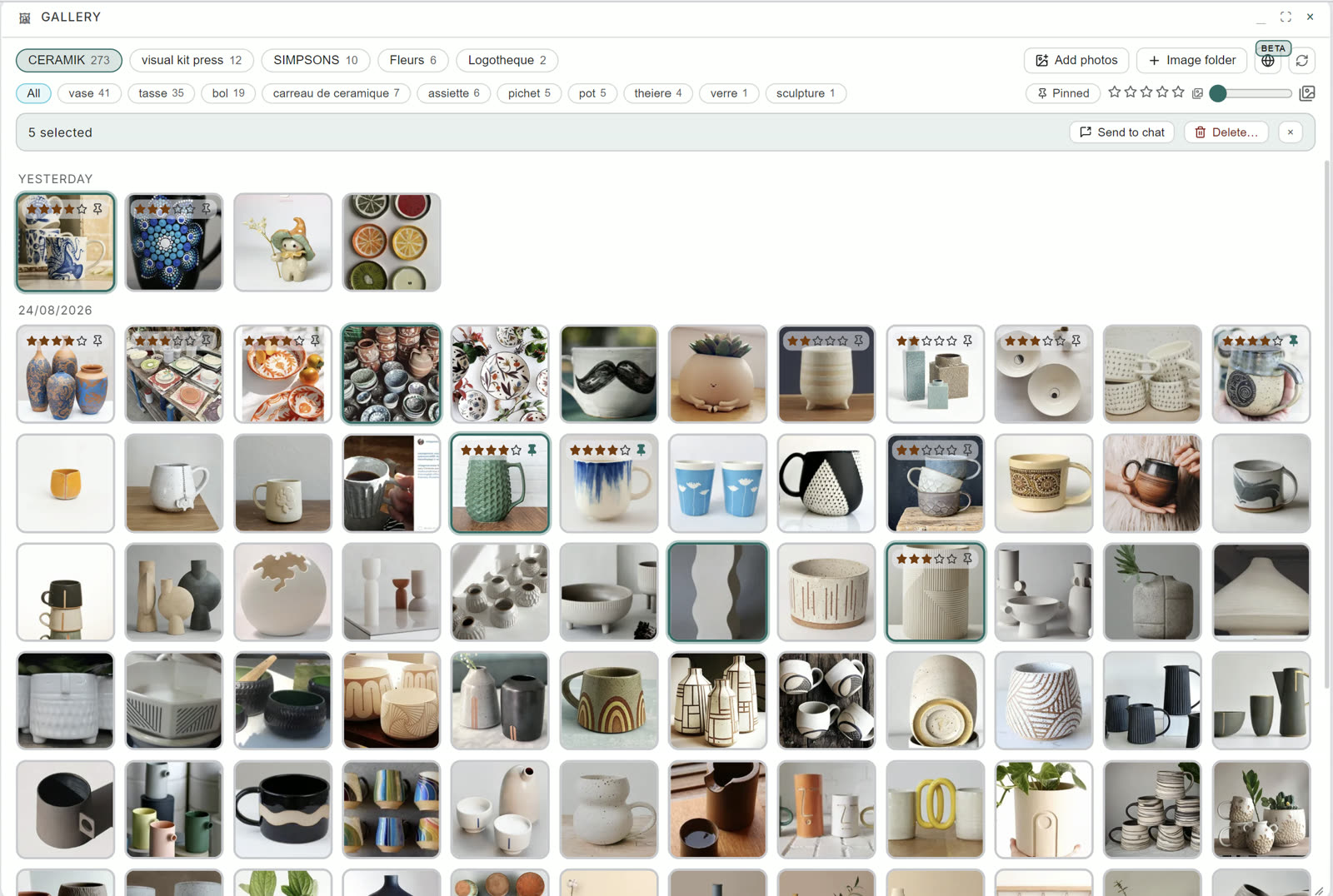 Le widget Galerie : pilules de coffres, pilules de catégories, timeline, étoiles et épingles